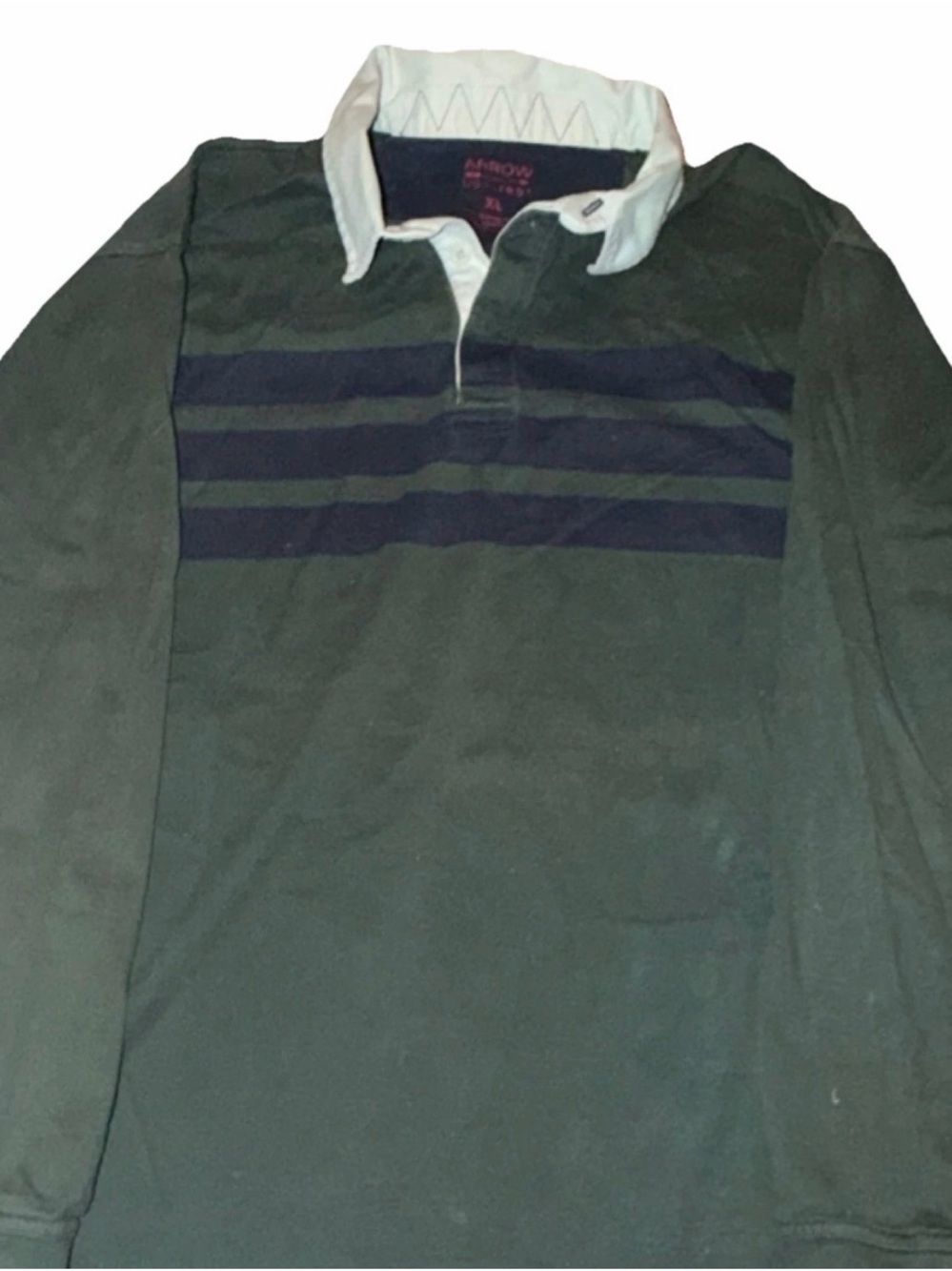 Dark Green Vintage Rugby Shirt with White Collar and Navy Stripes
